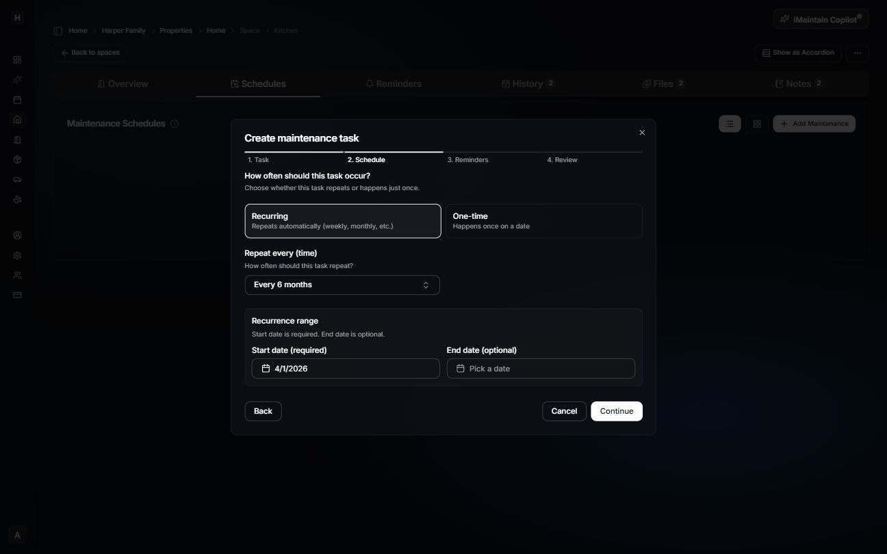 Create maintenance task wizard Step 2 Schedule showing recurring vs one-time options, frequency selector, and start/end date fields