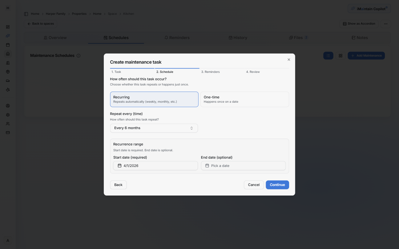 Create maintenance task wizard Step 2 Schedule showing recurring vs one-time options, frequency selector, and start/end date fields
