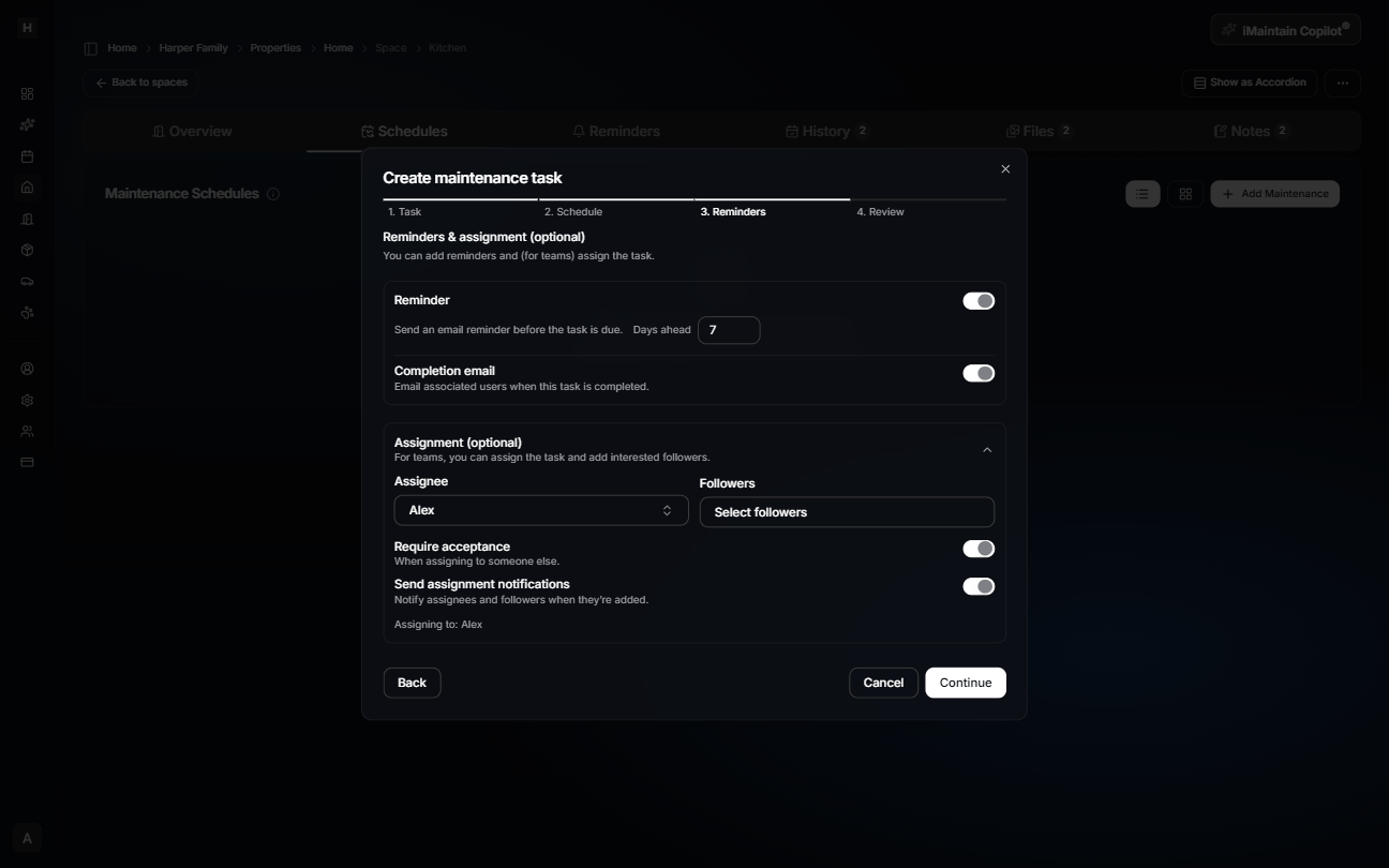 Create maintenance task wizard Step 3 Reminders showing reminder toggle, days ahead, completion email toggle, and optional assignment controls