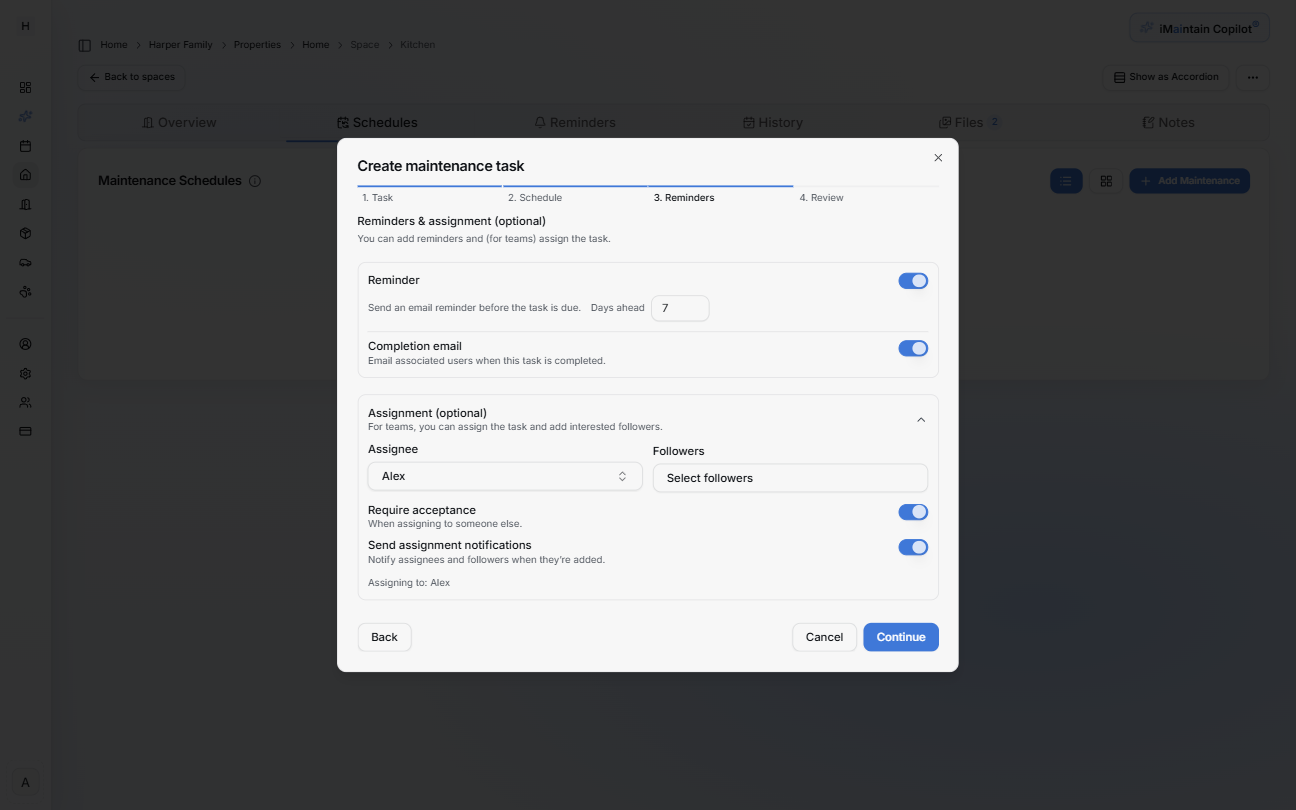 Create maintenance task wizard Step 3 Reminders showing reminder toggle, days ahead, completion email toggle, and optional assignment controls
