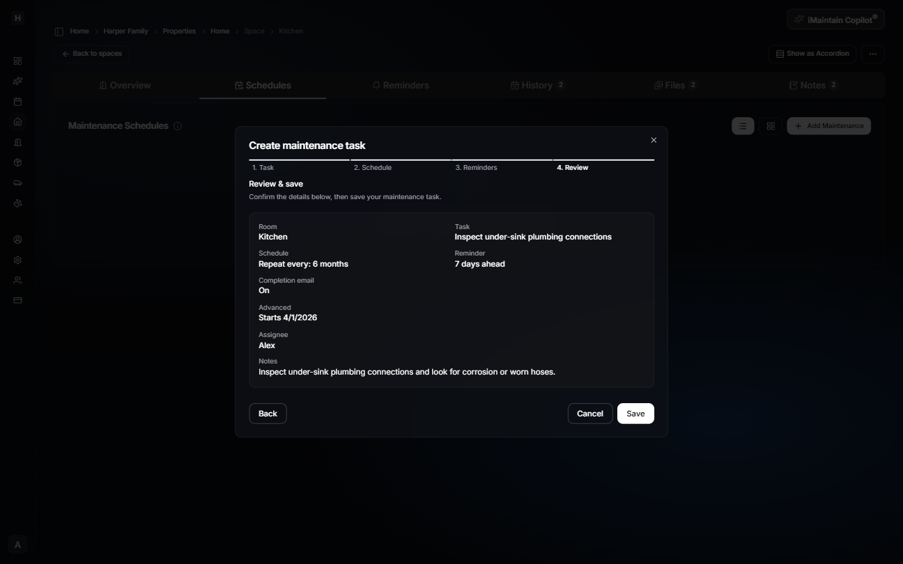 Create maintenance task wizard Step 4 Review showing a summary of the room, schedule, reminder settings, assignee, and notes with a Save button