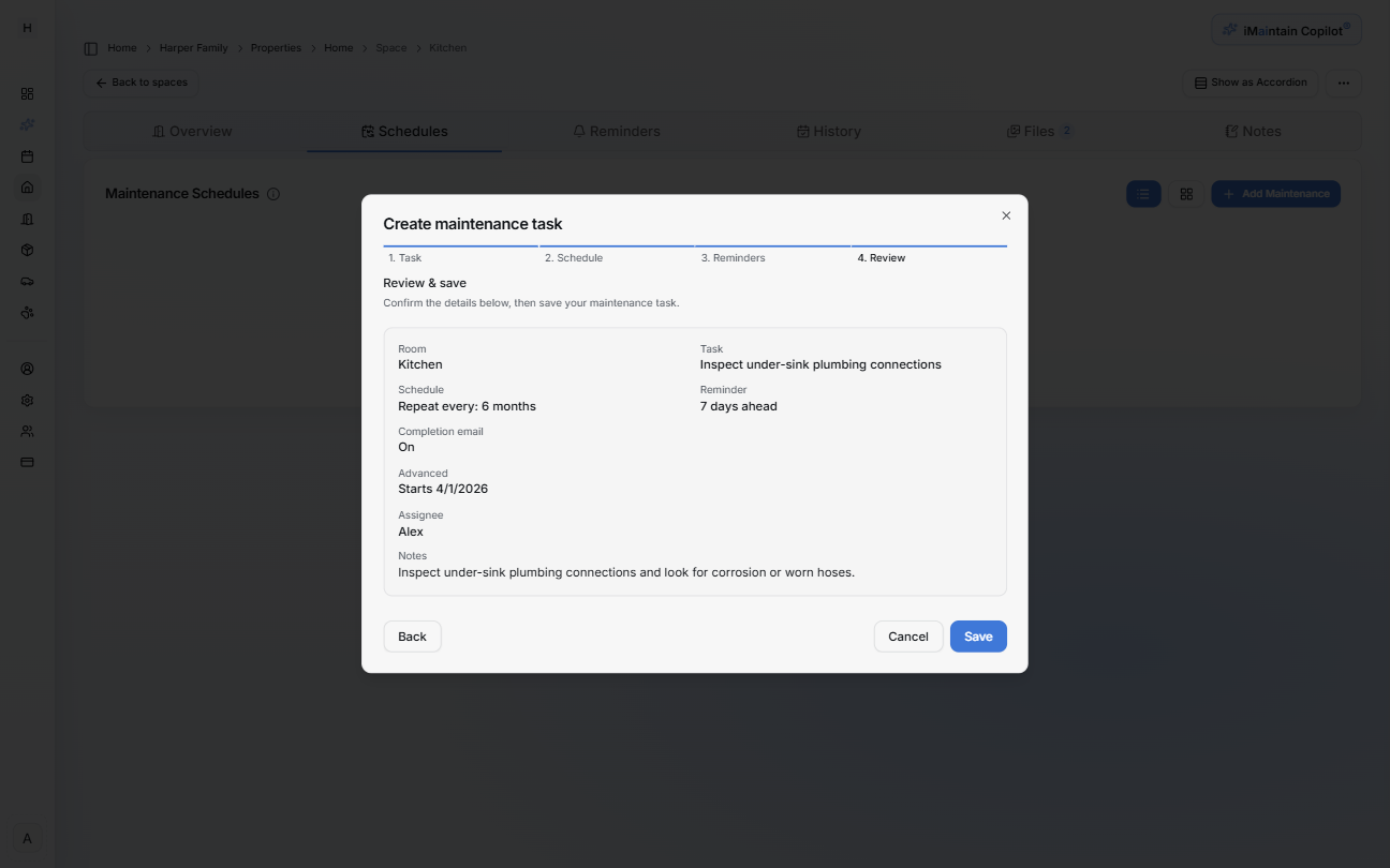 Create maintenance task wizard Step 4 Review showing a summary of the room, schedule, reminder settings, assignee, and notes with a Save button
