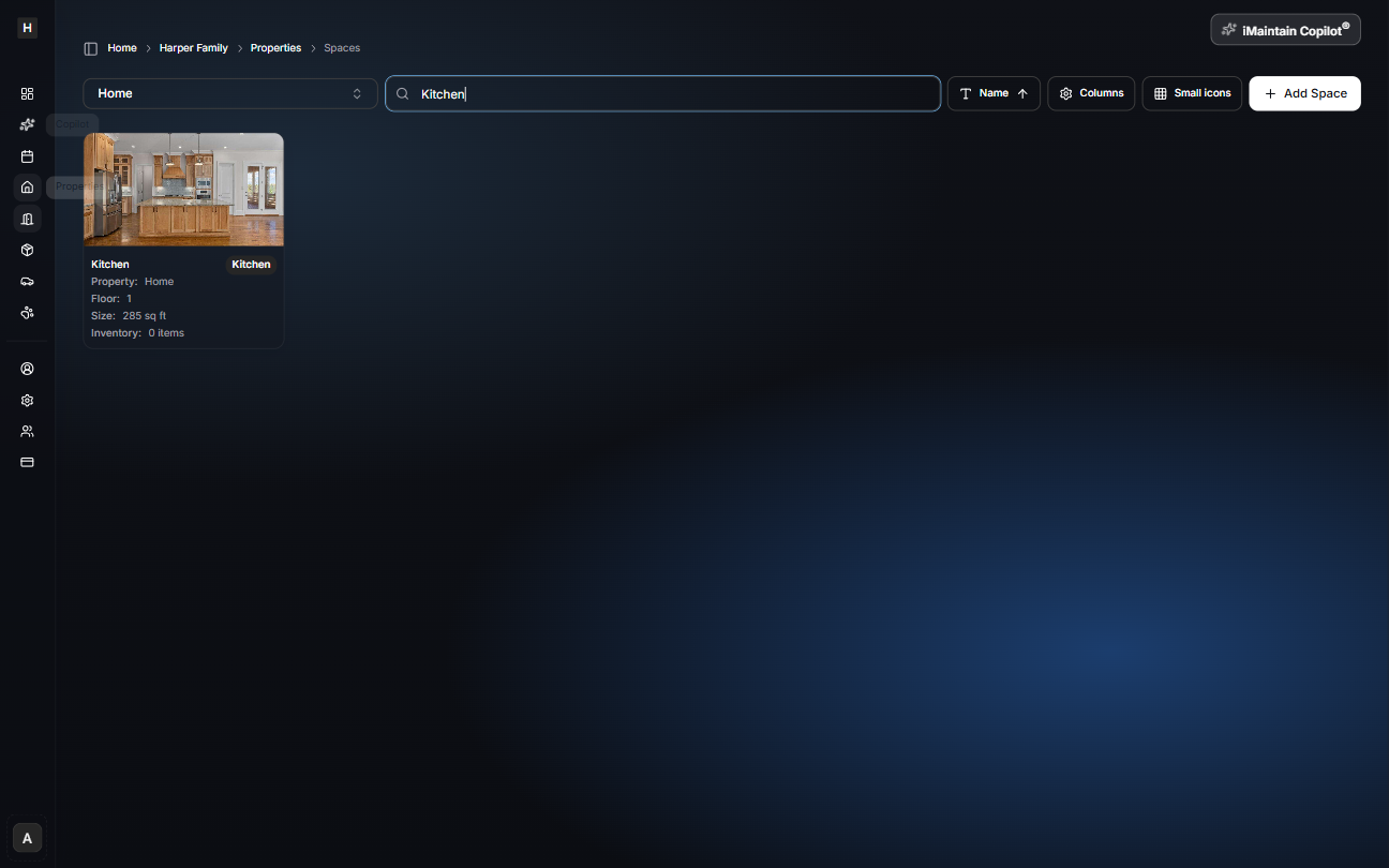 Spaces card view showing a space card with photo, name, property, floor, size, and inventory count