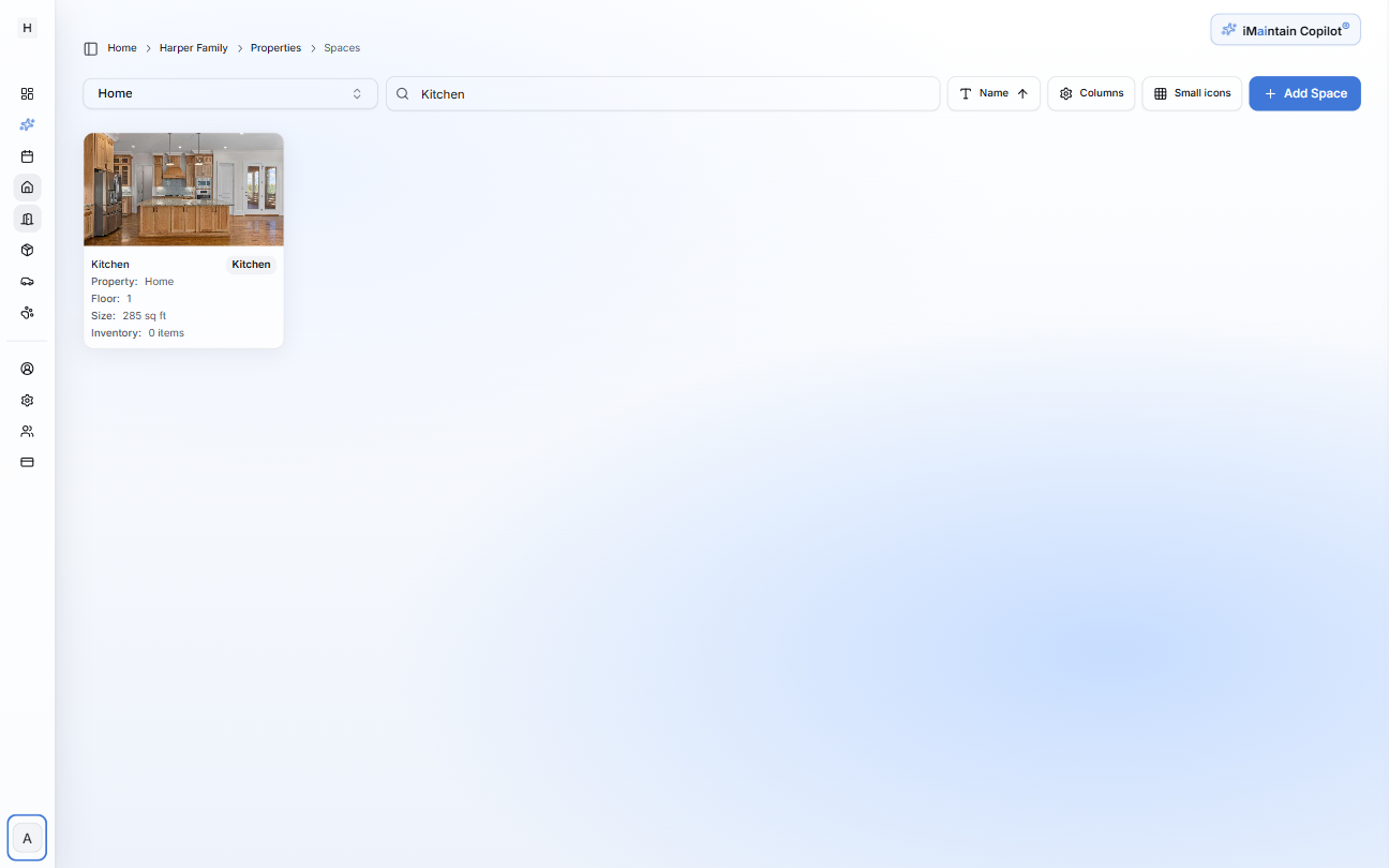 Spaces card view showing a space card with photo, name, property, floor, size, and inventory count
