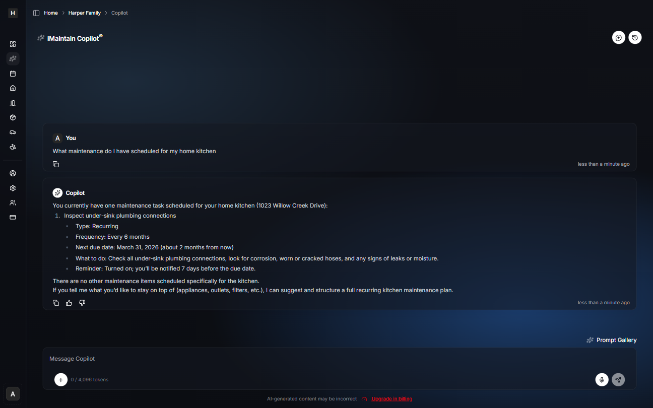 iMaintain Copilot chat showing a question about scheduled maintenance for a home kitchen and a response listing the scheduled task, frequency, next due date, what to do, and reminder settings