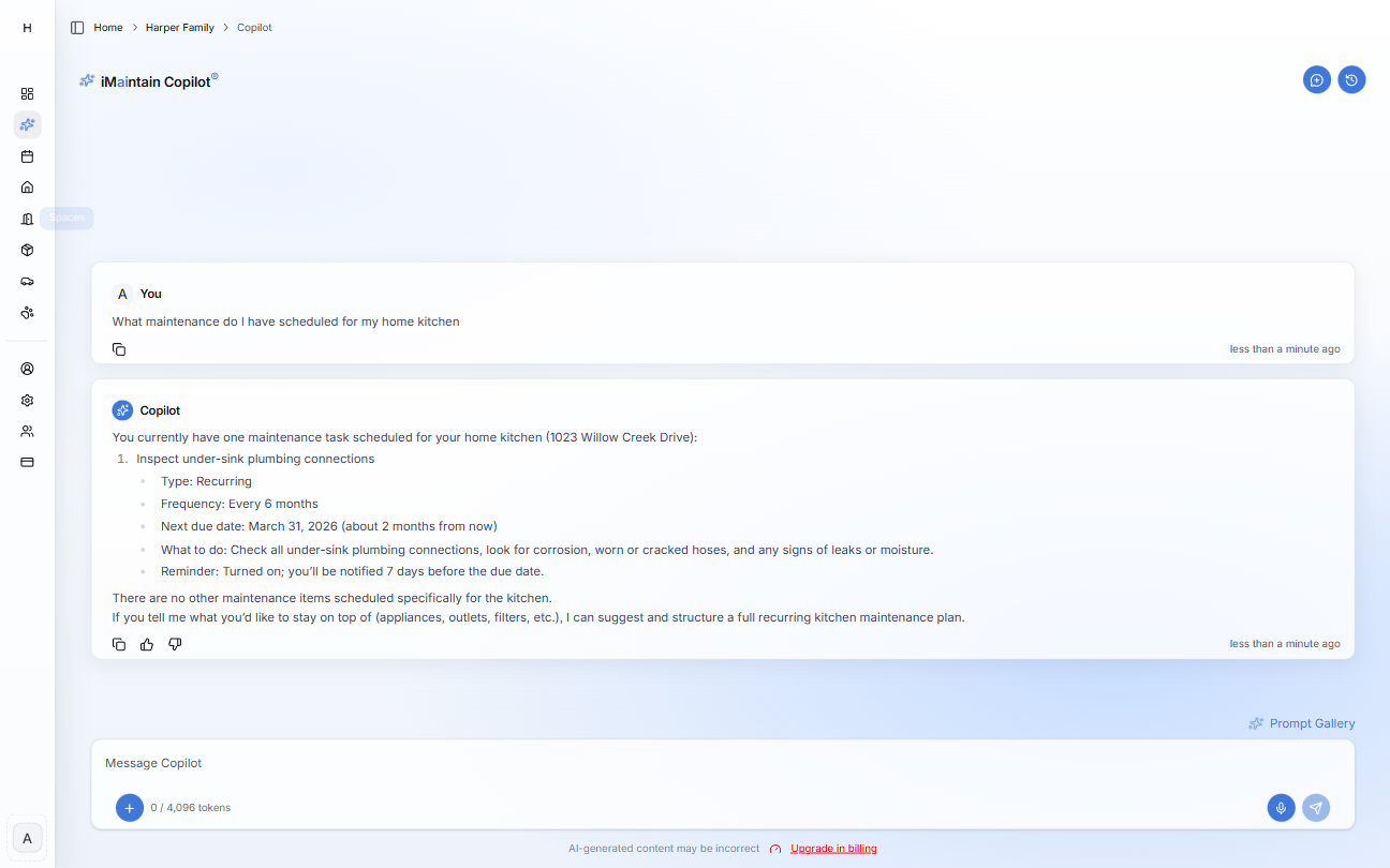 iMaintain Copilot chat showing a question about scheduled maintenance for a home kitchen and a response listing the scheduled task, frequency, next due date, what to do, and reminder settings