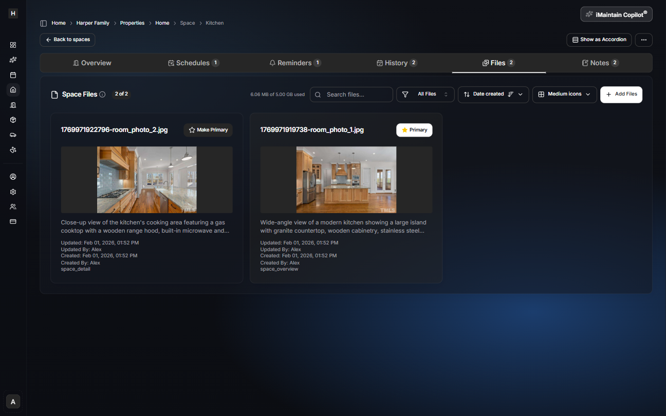 Space details page on the Files tab showing uploaded room photos with search, filters, sort controls, and a Make Primary option