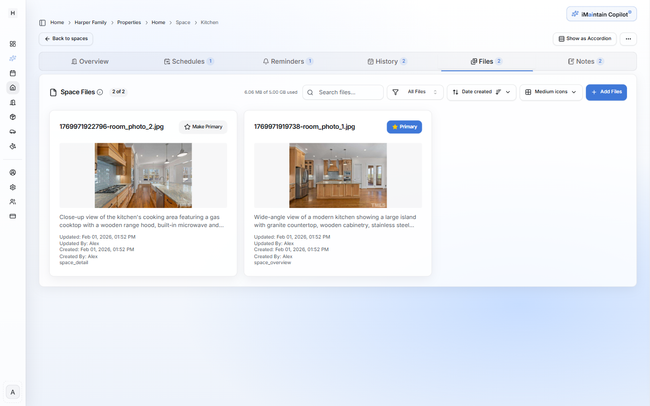 Space details page on the Files tab showing uploaded room photos with search, filters, sort controls, and a Make Primary option
