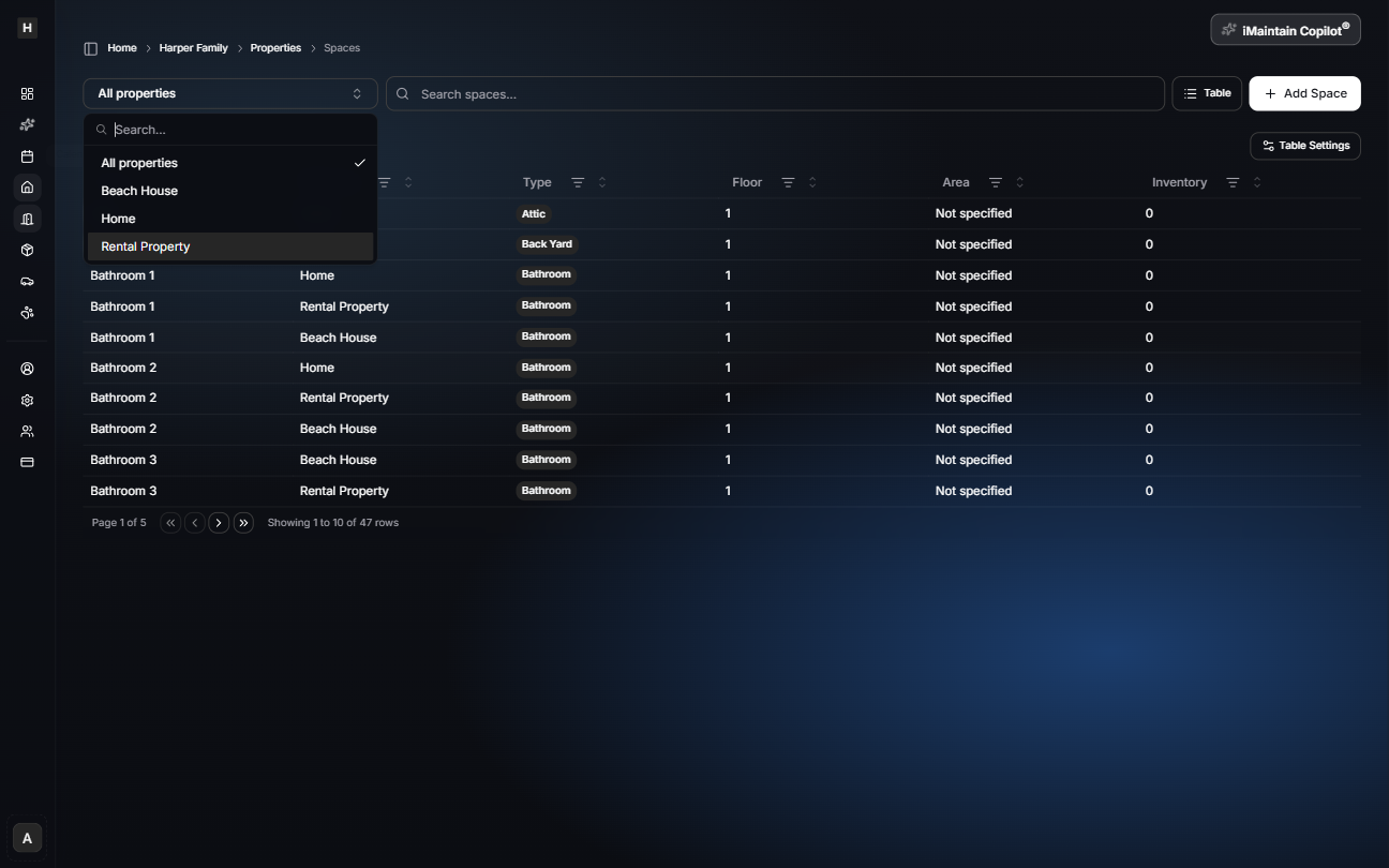 Spaces page with property filter dropdown open showing All properties and specific property options