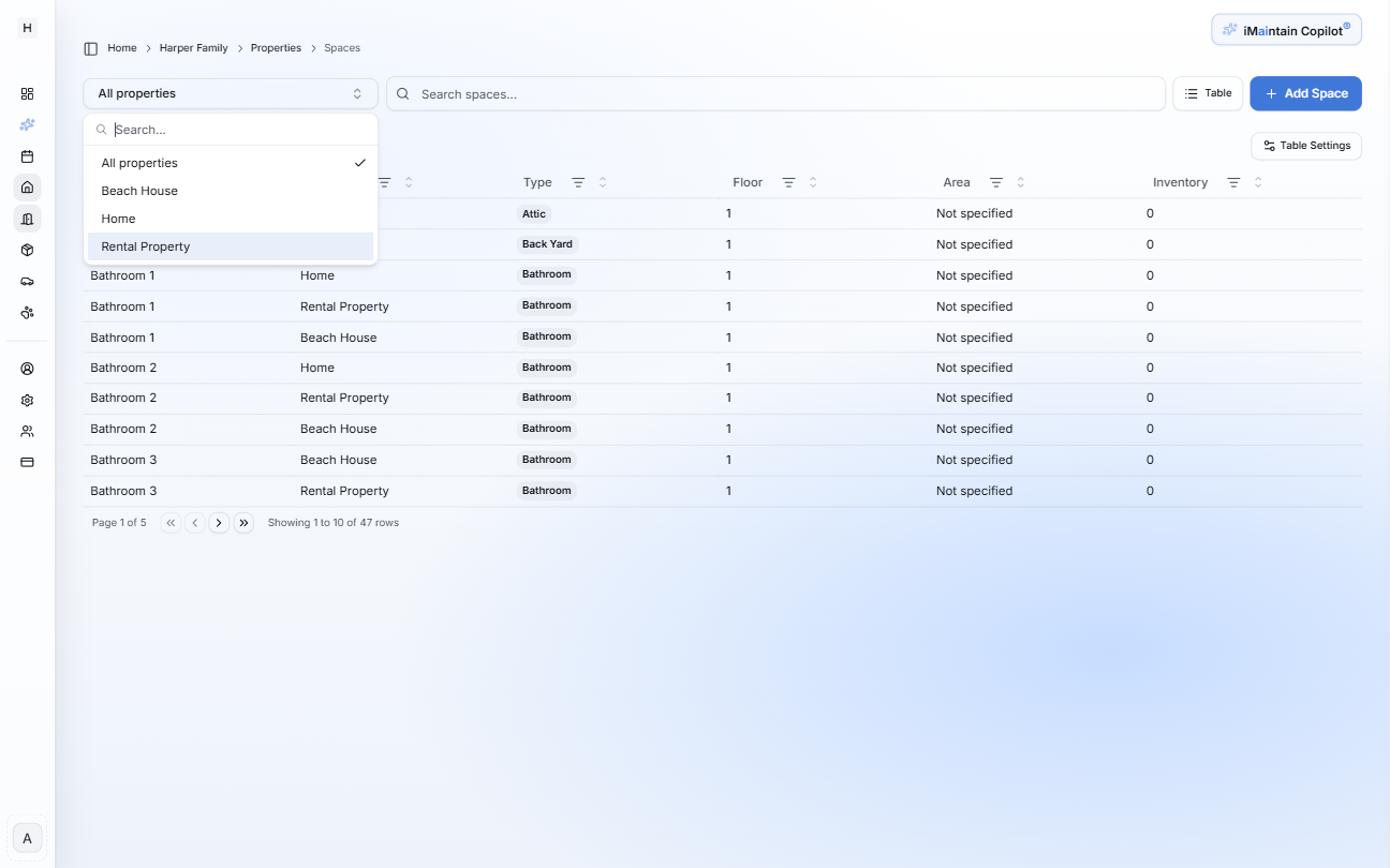 Spaces page with property filter dropdown open showing All properties and specific property options