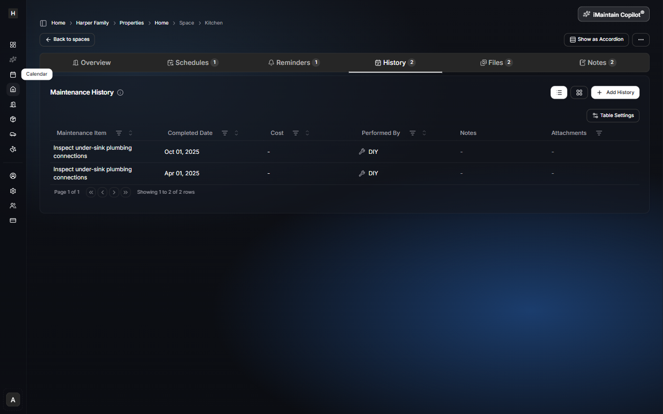 Space details page on the History tab showing maintenance history entries with completed date, cost, performed by, notes, and attachments