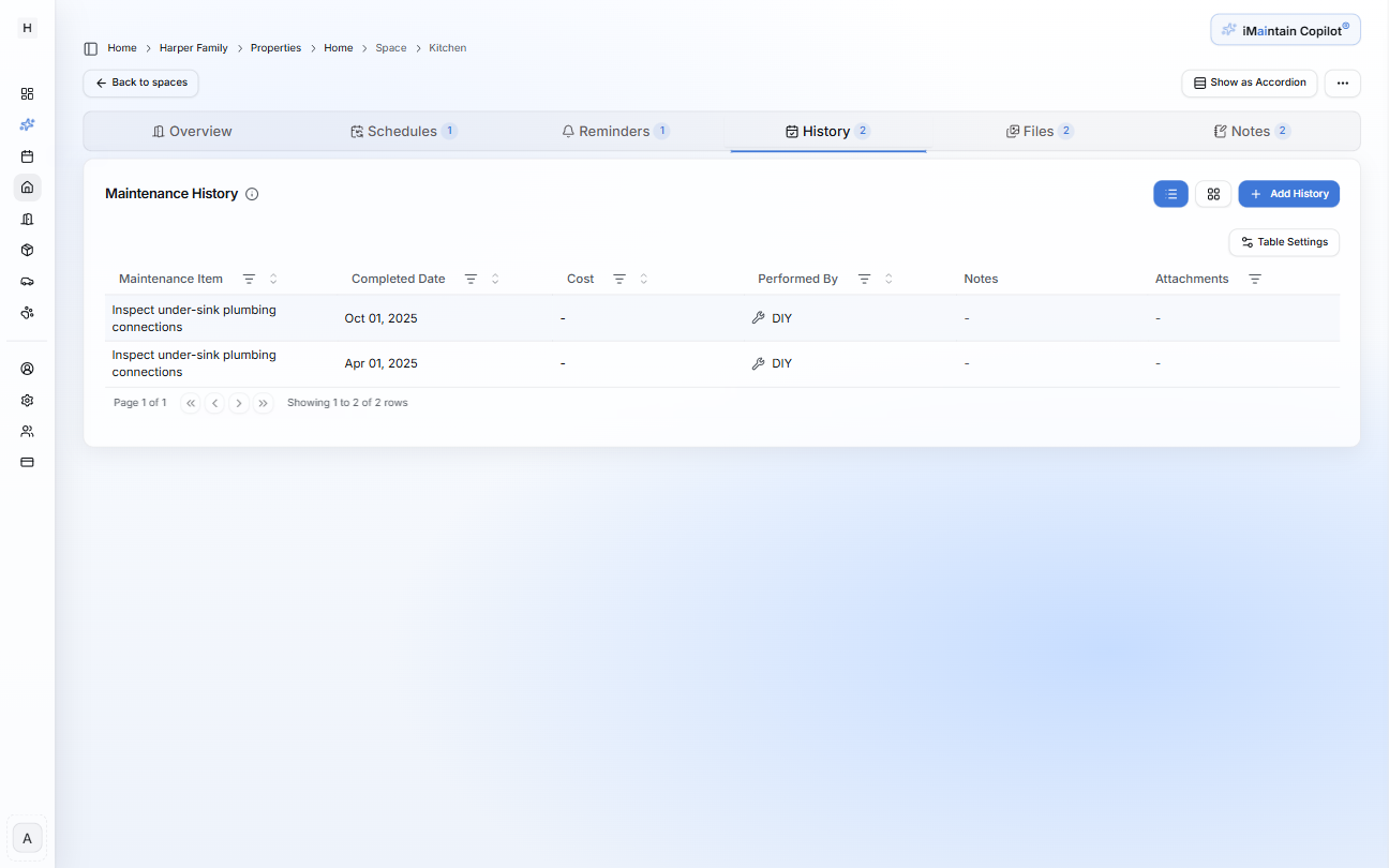 Space details page on the History tab showing maintenance history entries with completed date, cost, performed by, notes, and attachments