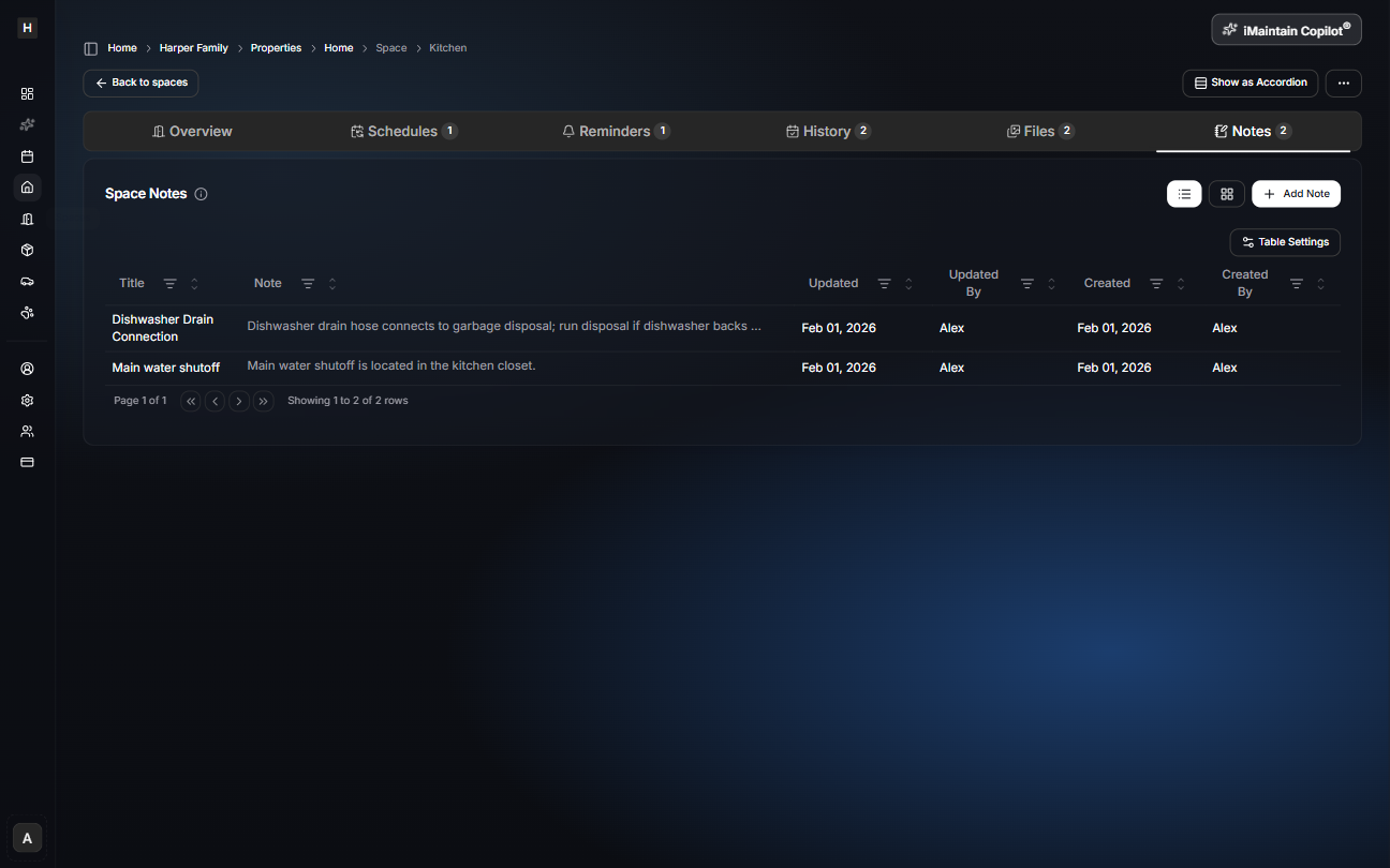 Space details page on the Notes tab showing a notes table with titles and note text plus an Add Note button