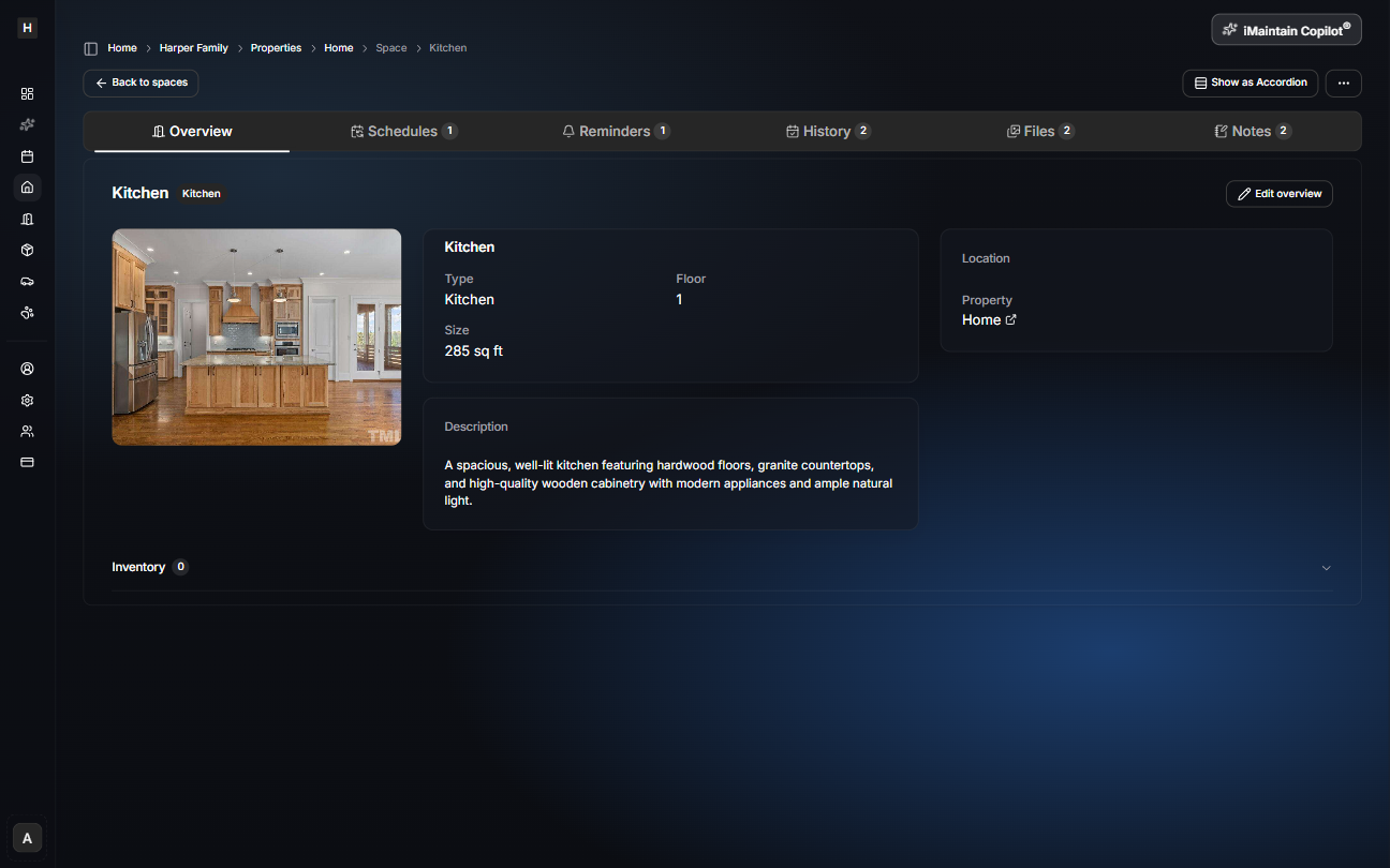 Space details page for a Kitchen showing the Overview tab and the tabs for Schedules, Reminders, History, Files, and Notes