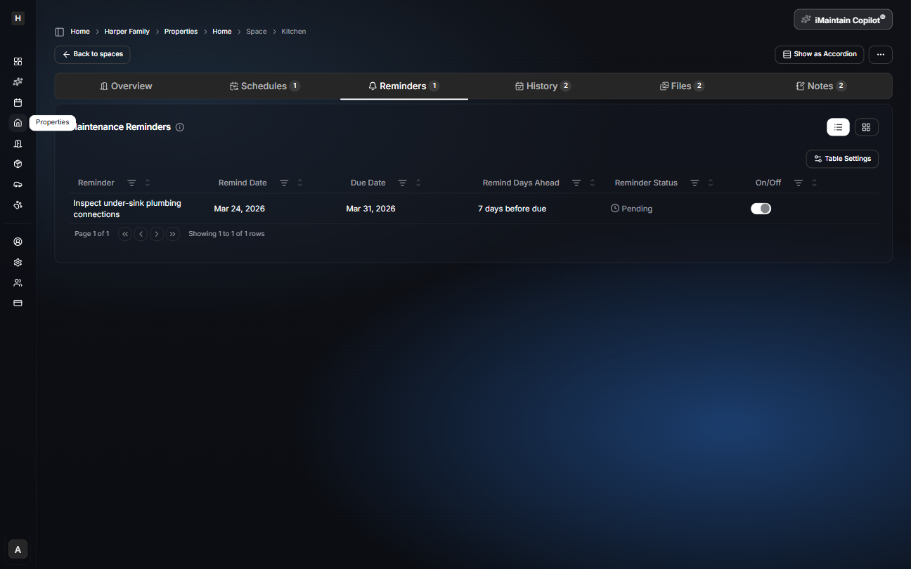Space details page on the Reminders tab showing a maintenance reminders table with remind date, due date, and reminder status