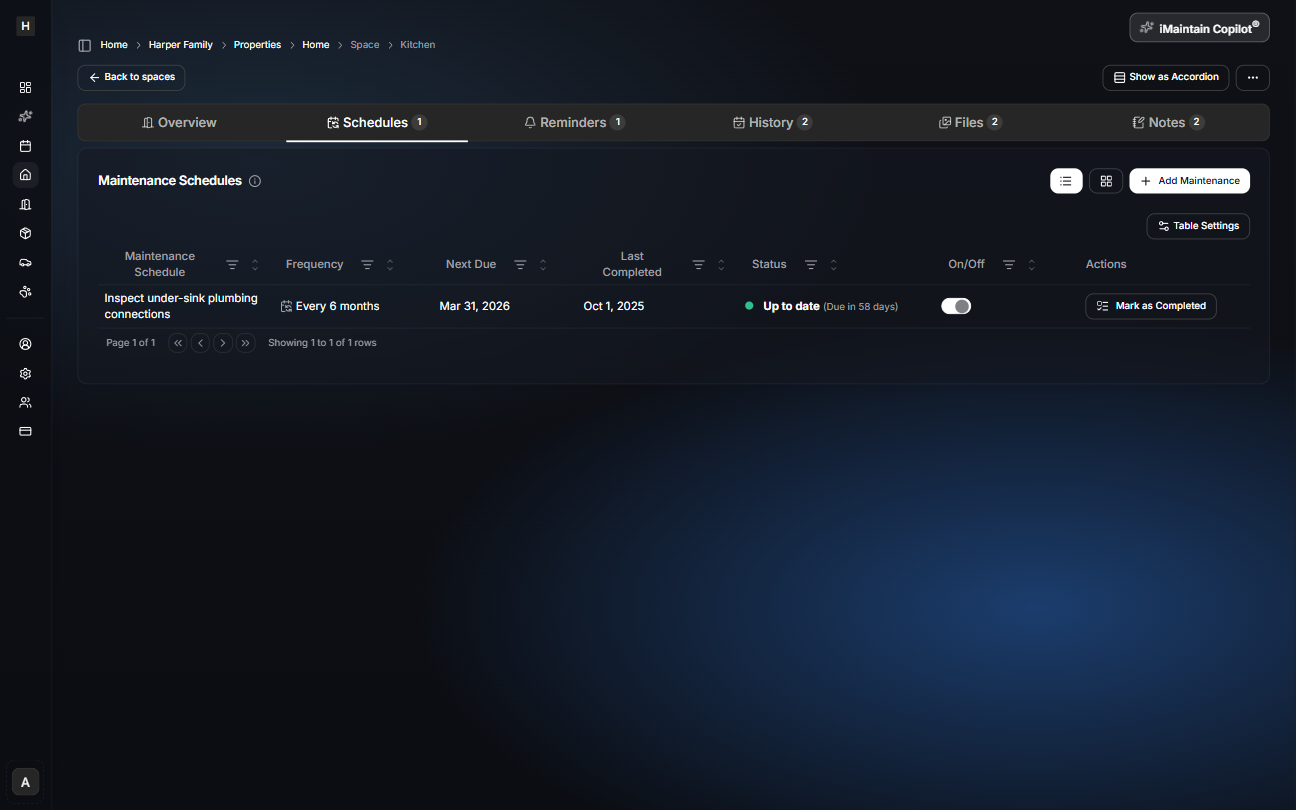 Space details page on the Schedules tab showing a maintenance schedules table with frequency, next due date, status, and an Add Maintenance button