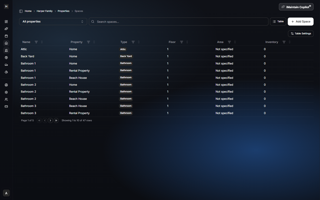 Spaces table view showing property filter, search input, and an Add Space button