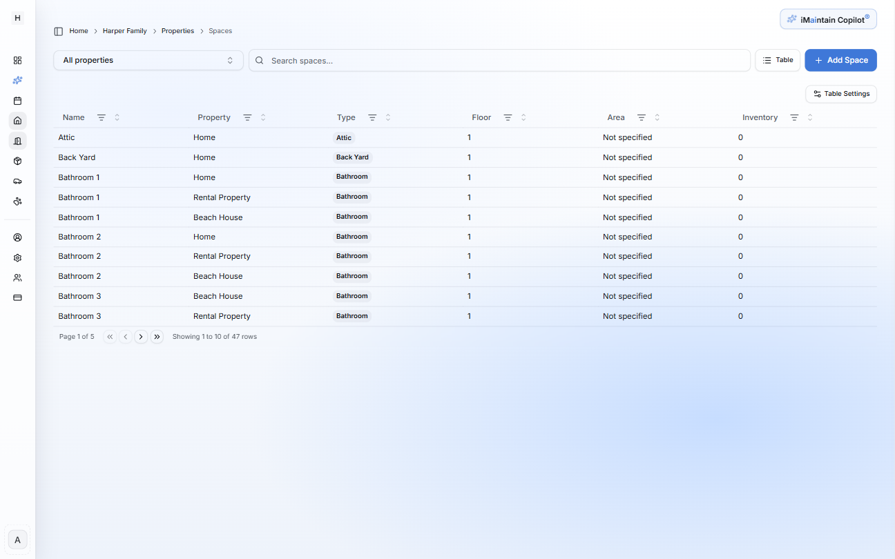 Spaces table view showing property filter, search input, and an Add Space button