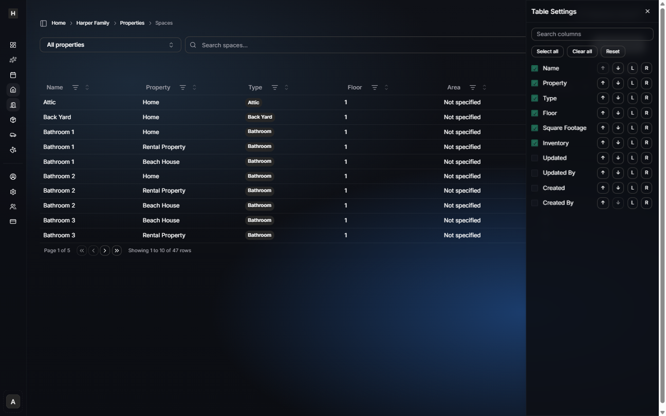 Spaces table with Table Settings panel open showing column checkboxes and reorder controls