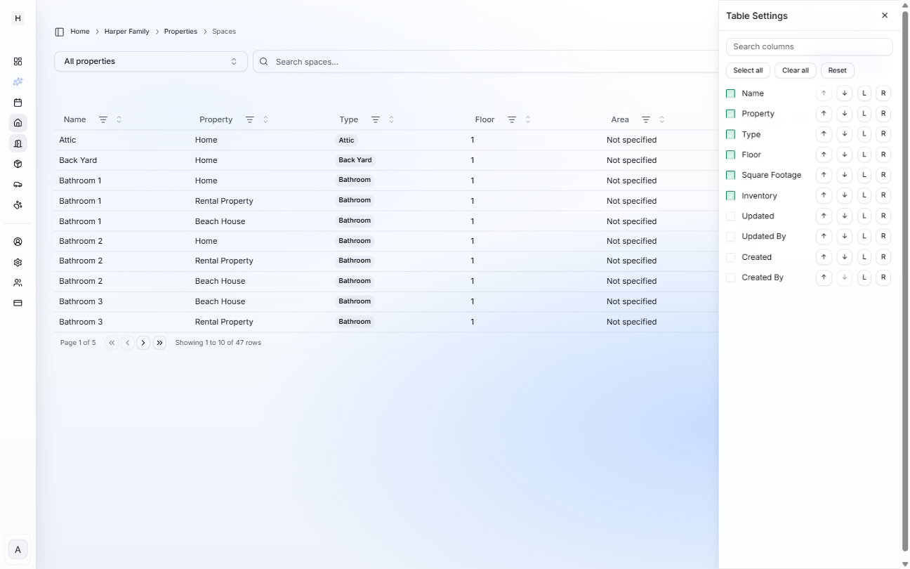 Spaces table with Table Settings panel open showing column checkboxes and reorder controls