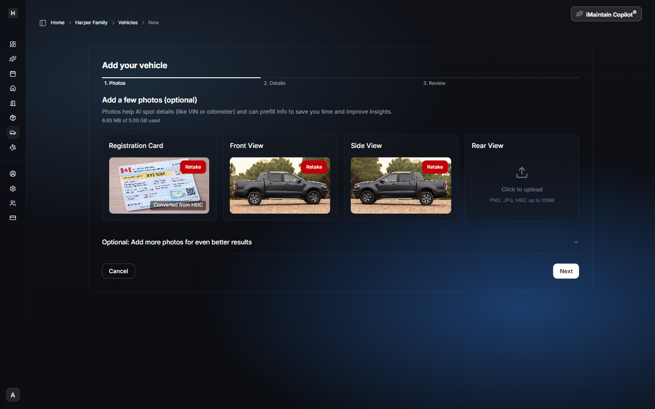 Add your vehicle wizard Step 1 Photos showing registration card upload and vehicle exterior photo uploads