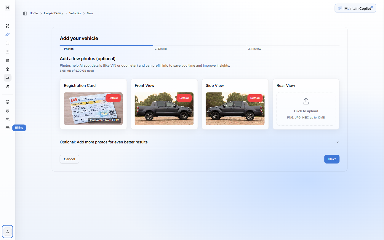 Add your vehicle wizard Step 1 Photos showing registration card upload and vehicle exterior photo uploads