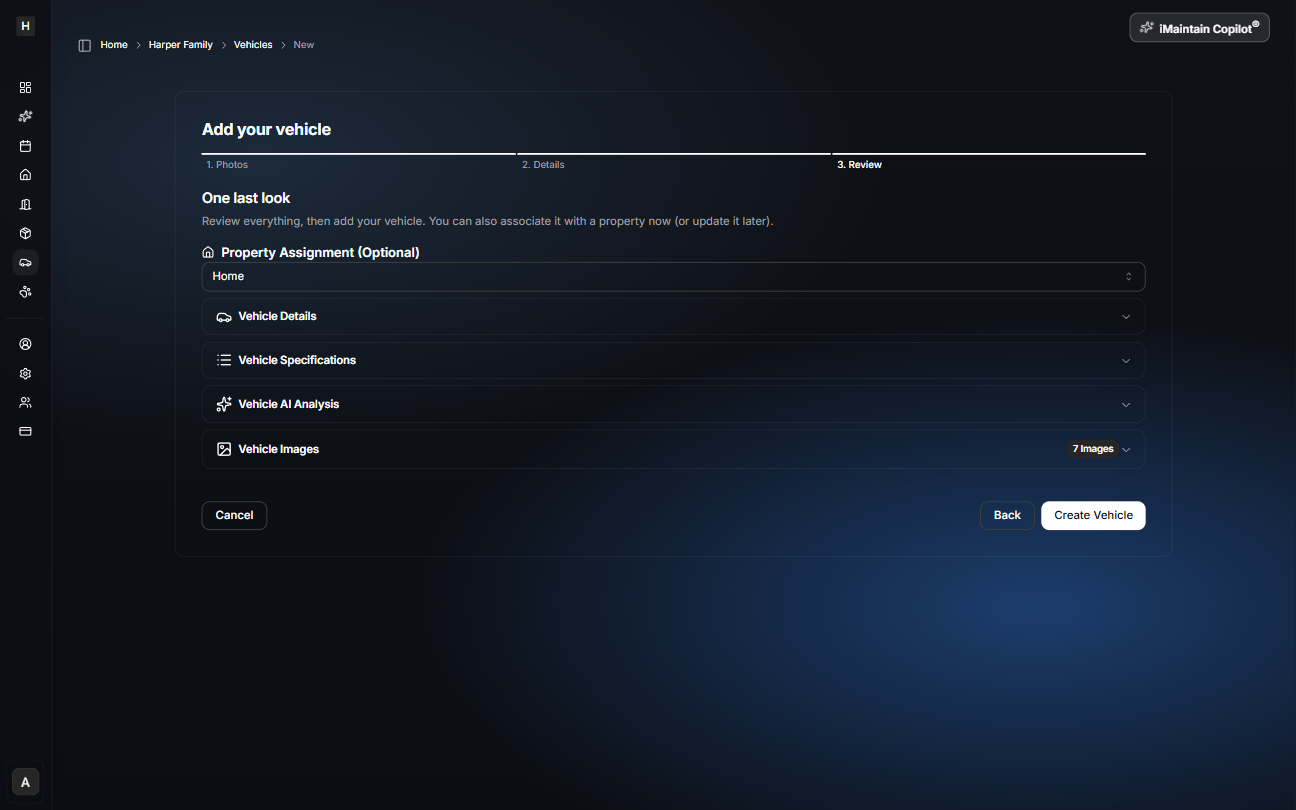Add your vehicle wizard Step 3 Review showing accordion sections for property assignment, vehicle details, specifications, AI analysis, and images with a Create Vehicle button