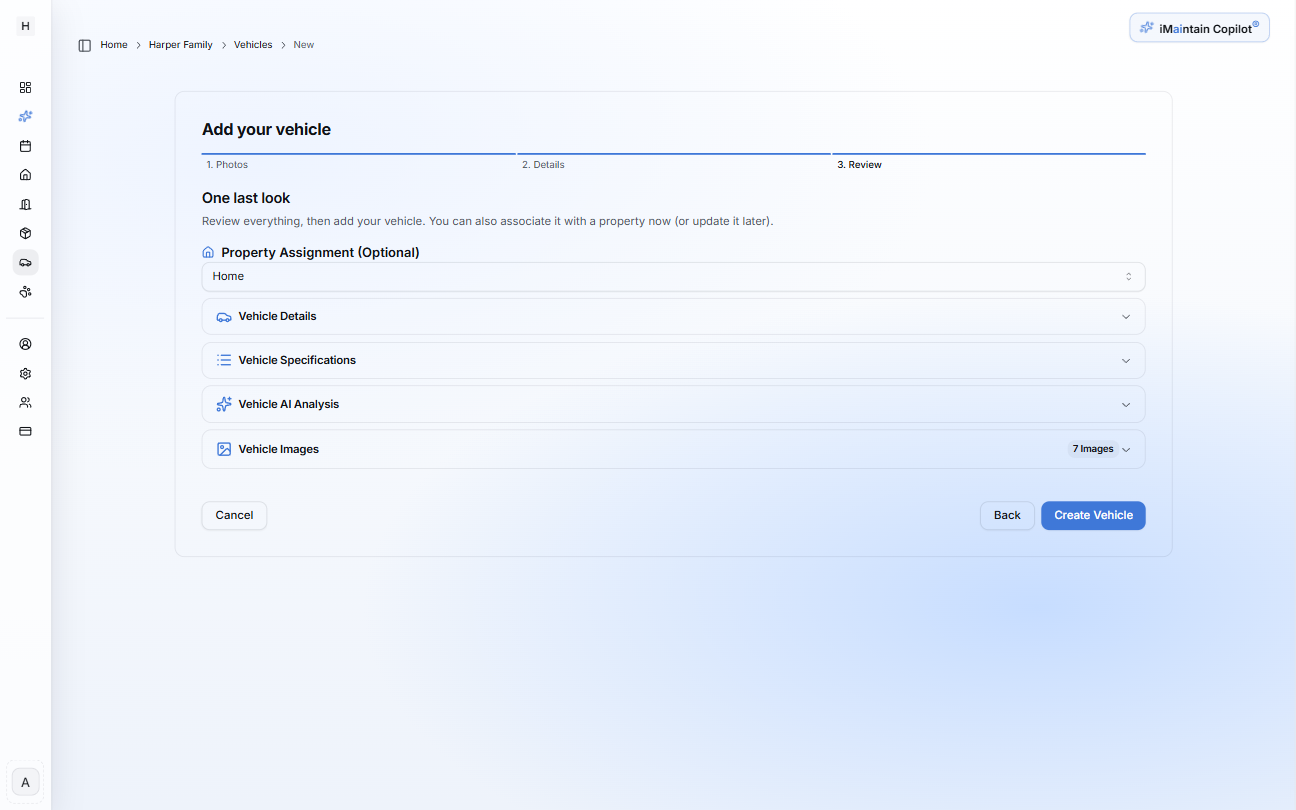 Add your vehicle wizard Step 3 Review showing accordion sections for property assignment, vehicle details, specifications, AI analysis, and images with a Create Vehicle button
