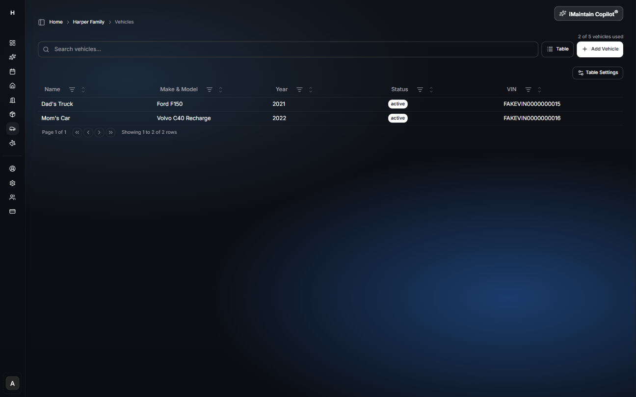Vehicles table view showing vehicles listed in rows with a Table Settings panel open for selecting and reordering columns