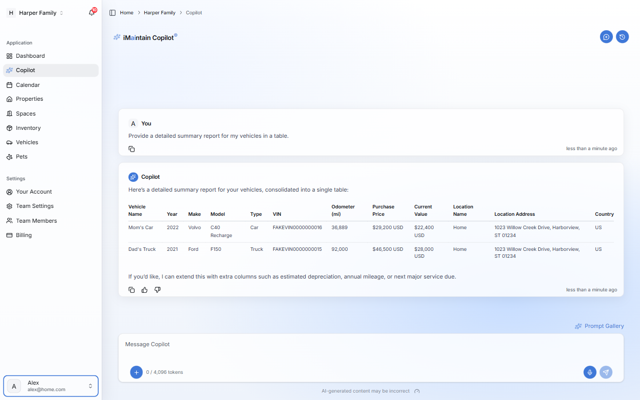 iMaintain Copilot chat showing a request for a detailed vehicles summary report and a response with a table of vehicles including year, make, model, type, VIN, odometer, and values