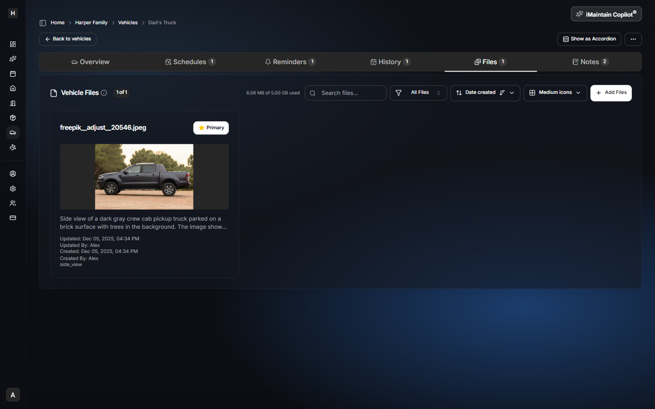 Vehicle details page on the Files tab showing an uploaded photo with search, filters, sort controls, and an Add Files button