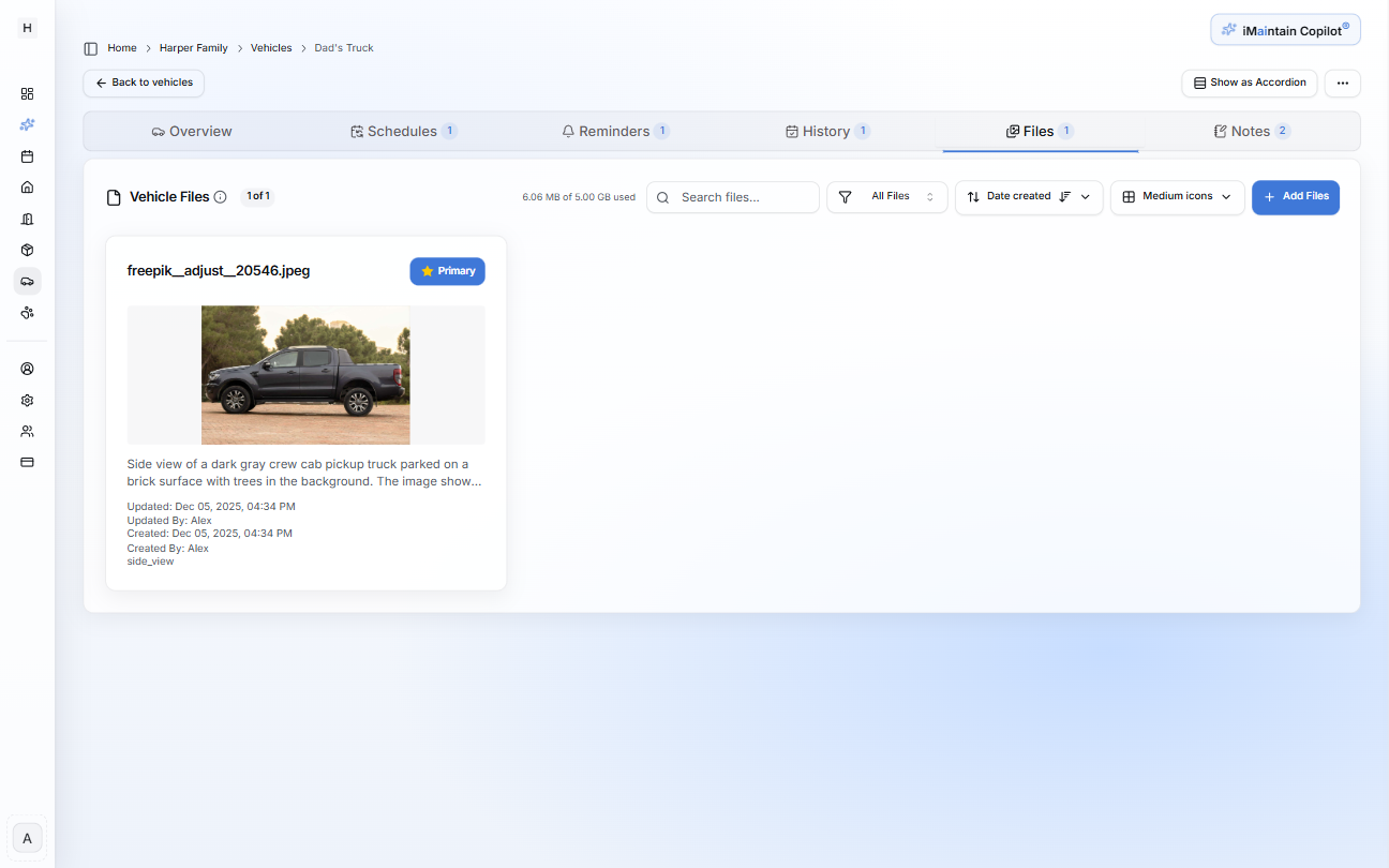 Vehicle details page on the Files tab showing an uploaded photo with search, filters, sort controls, and an Add Files button