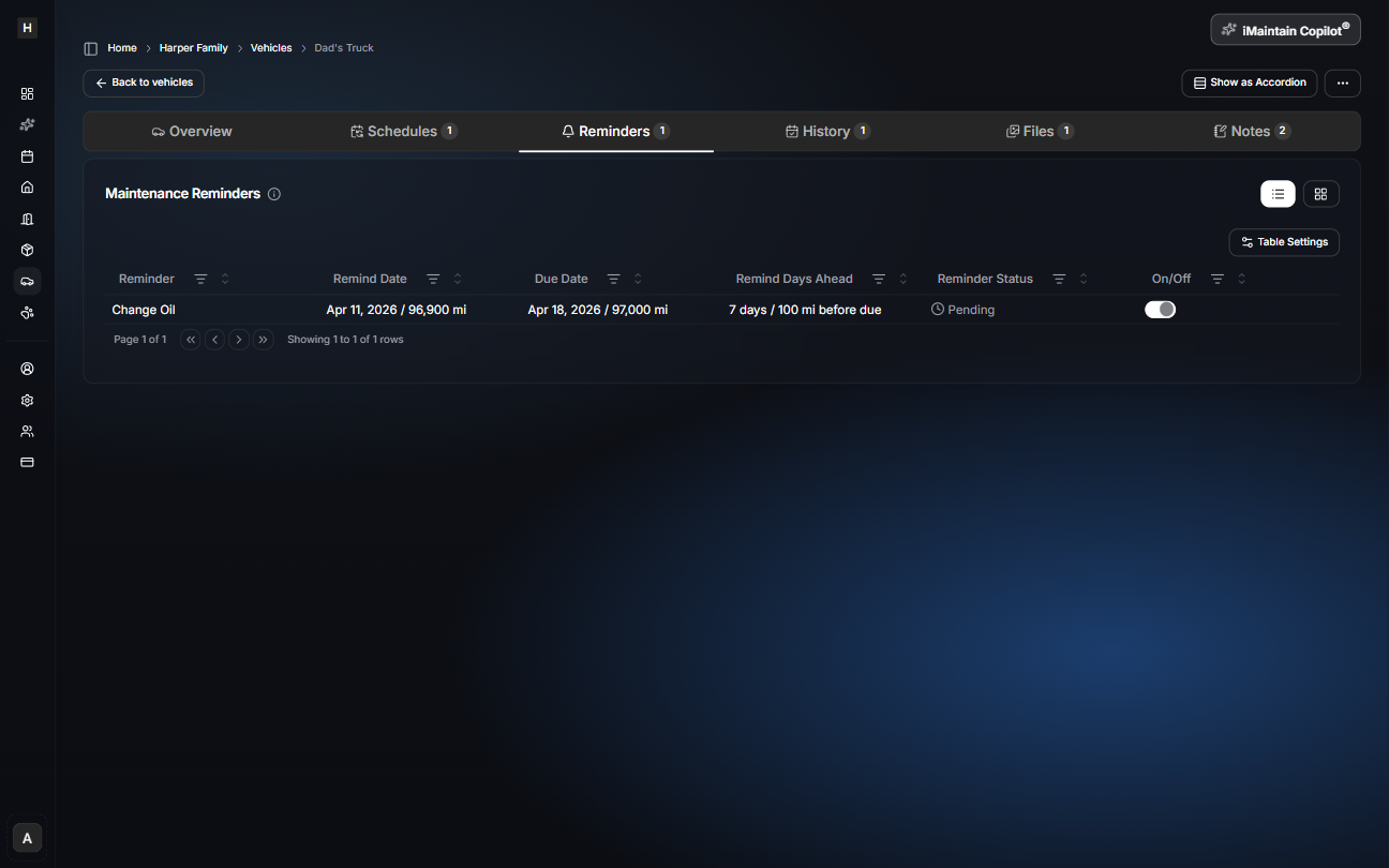Vehicle details page on the Reminders tab showing a maintenance reminders table with remind date, due date, and reminder status
