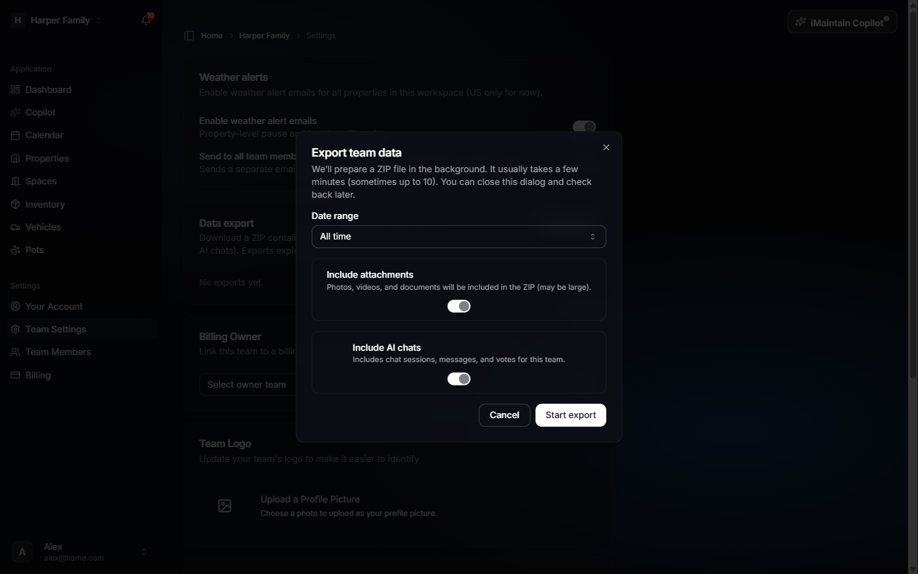 Export team data dialog with date range, attachments, and AI chat options