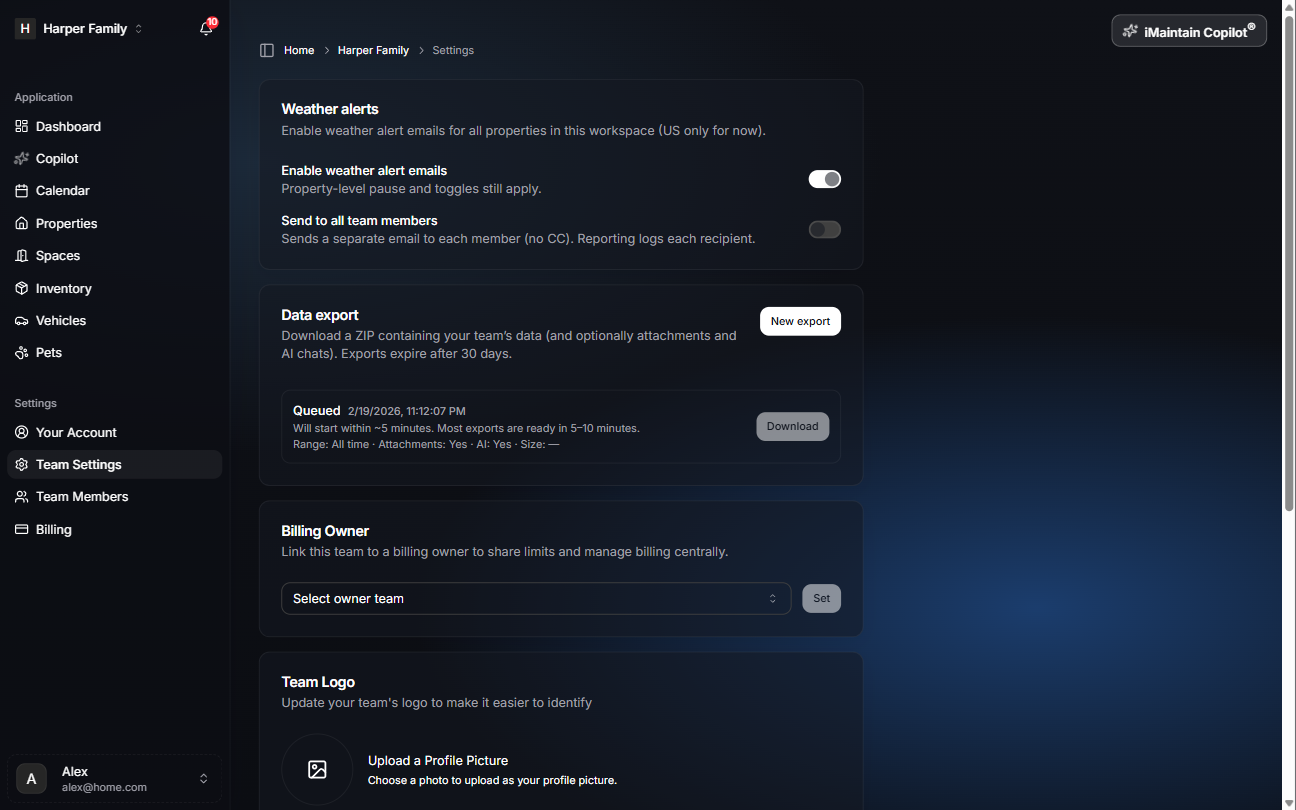 Data export job row showing queued status and disabled download button