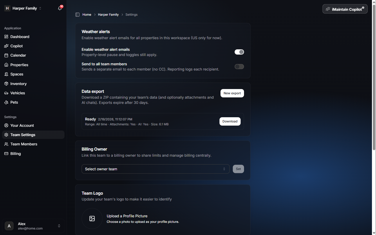 Data export job row showing ready status and enabled download button
