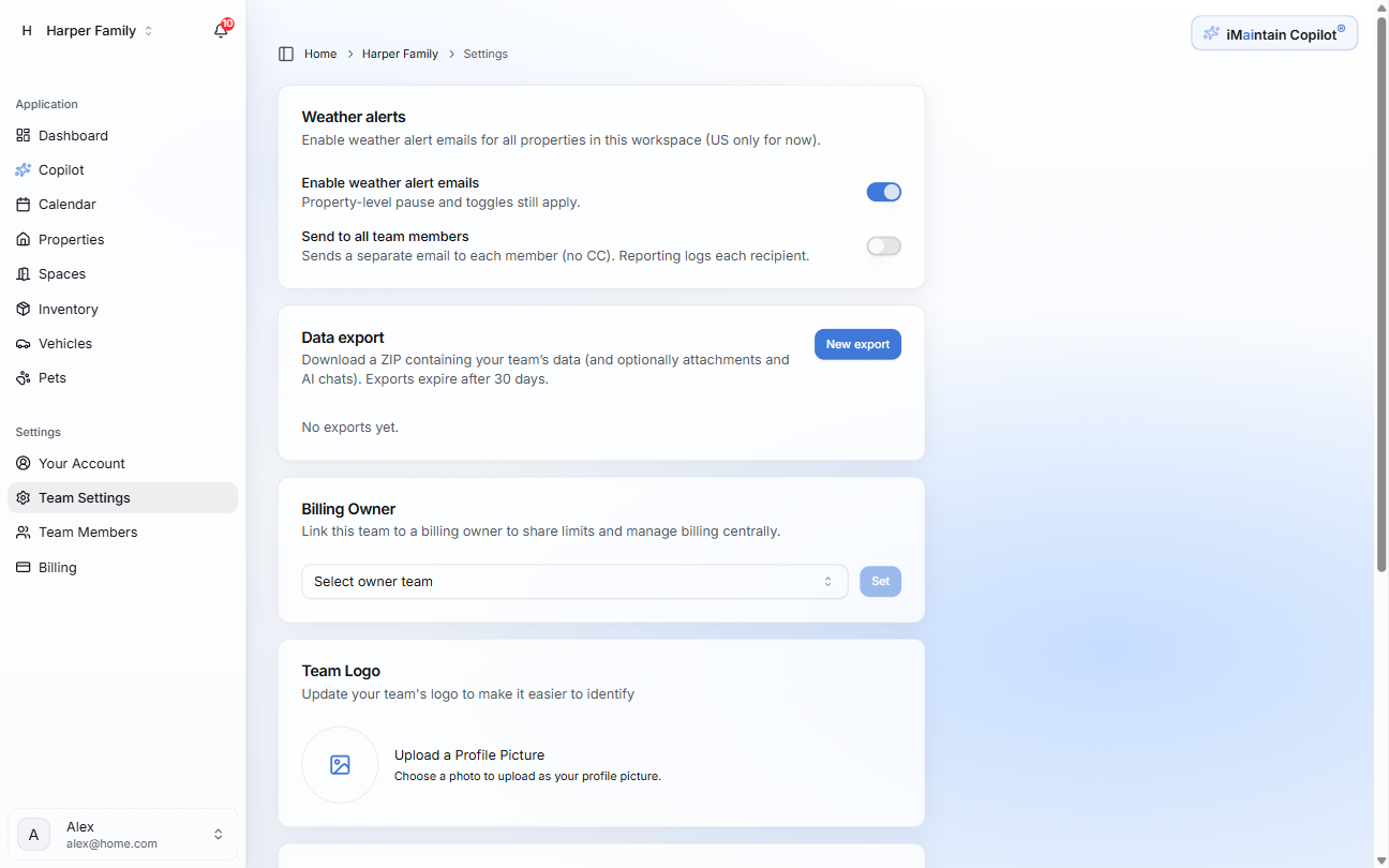 Team Settings page showing the Data export card