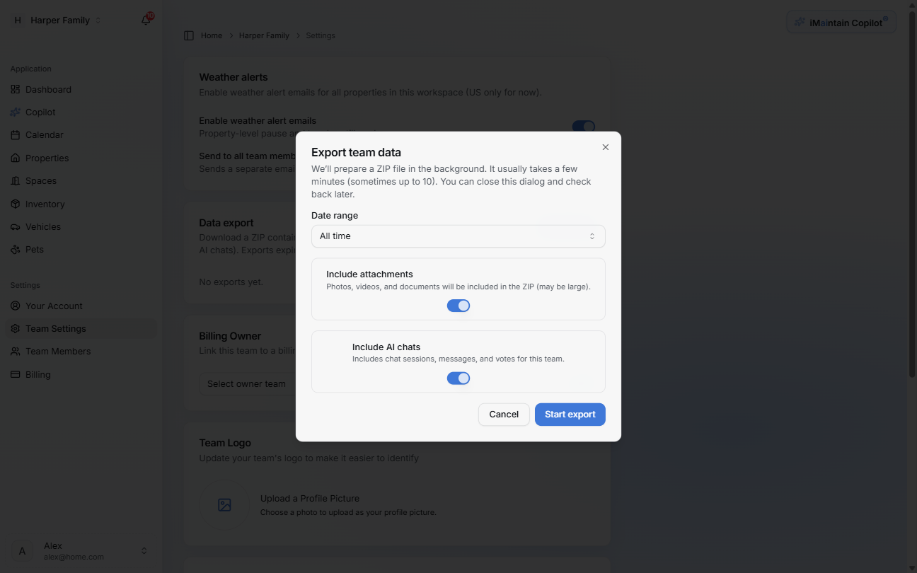 Export team data dialog with date range, attachments, and AI chat options