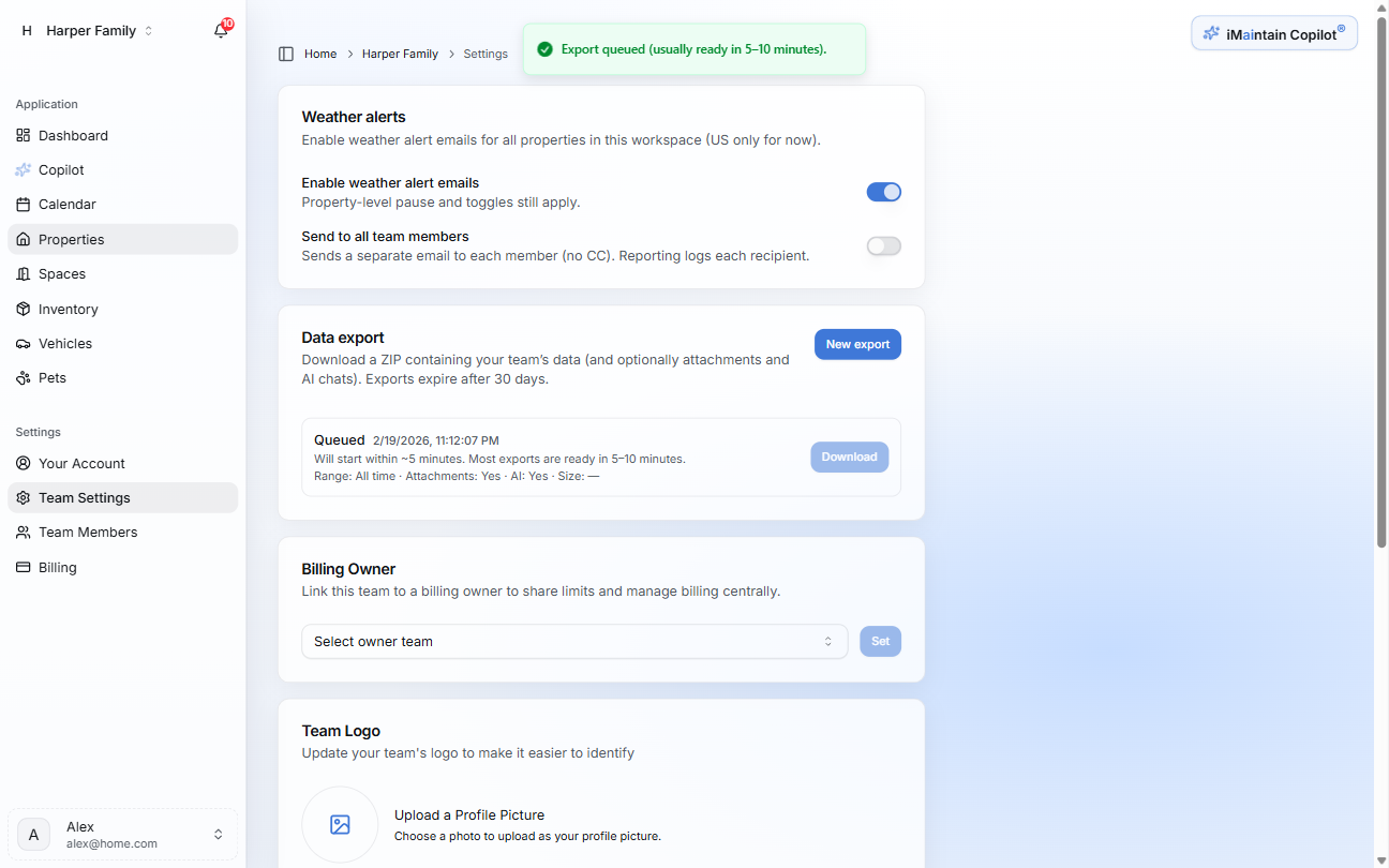 Data export job row showing queued status and disabled download button