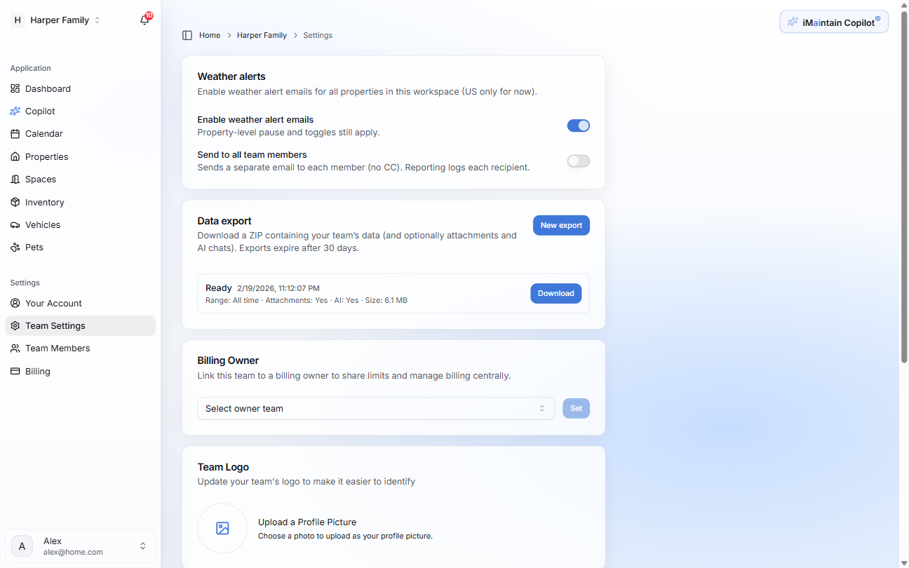 Data export job row showing ready status and enabled download button
