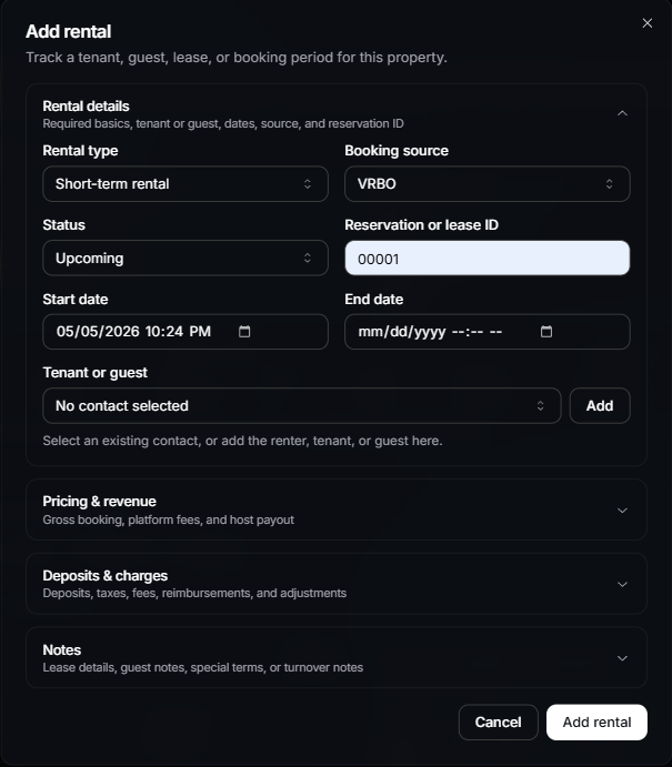 Add property rental dialog showing rental details, booking source, dates, contact, pricing, deposits, charges, and notes sections