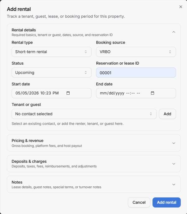 Add property rental dialog showing rental details, booking source, dates, contact, pricing, deposits, charges, and notes sections