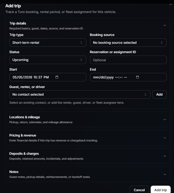 Add vehicle trip dialog showing trip details, booking source, dates, guest or driver, mileage, pricing, deposits, charges, and notes sections