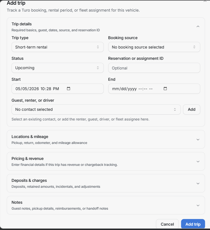 Add vehicle trip dialog showing trip details, booking source, dates, guest or driver, mileage, pricing, deposits, charges, and notes sections