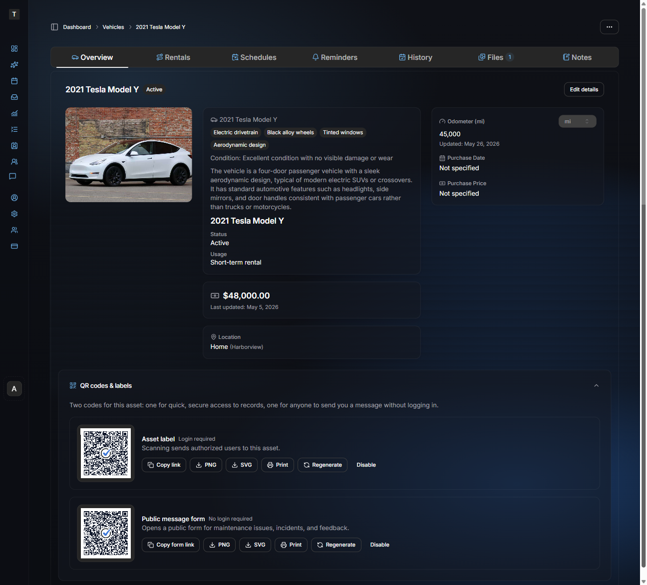 Asset detail page showing generated QR codes and labels