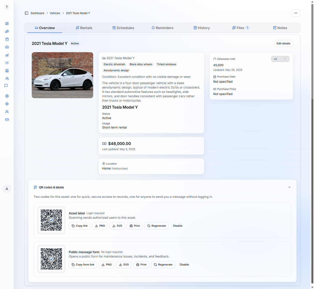 Asset detail page showing generated QR codes and labels