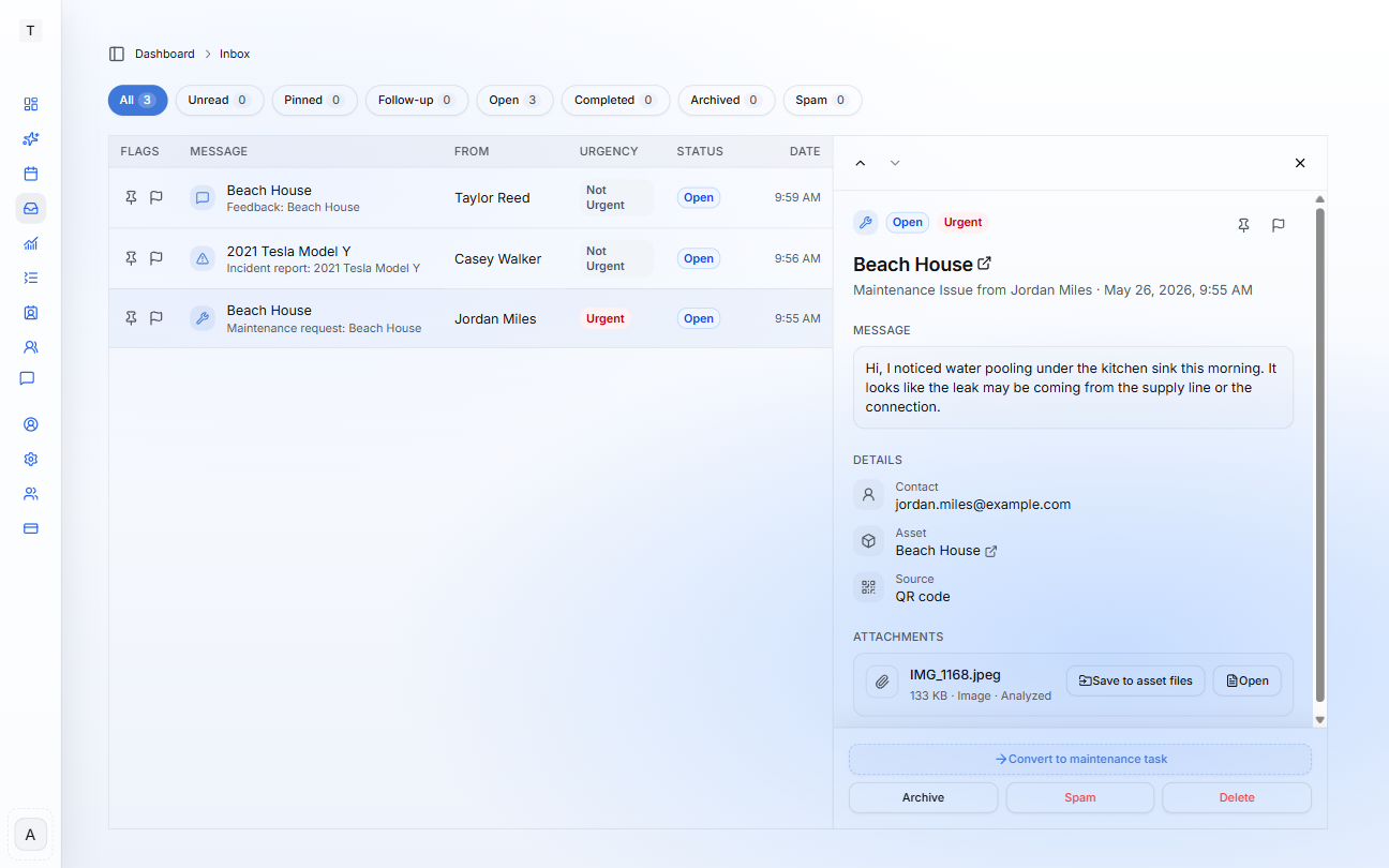 Inbox showing public QR messages with an attachment panel open