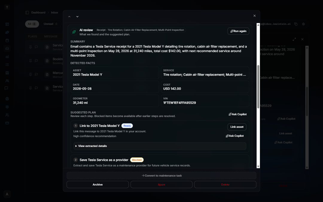 Inbox AI review showing a suggested plan to link a service receipt to a vehicle and log maintenance