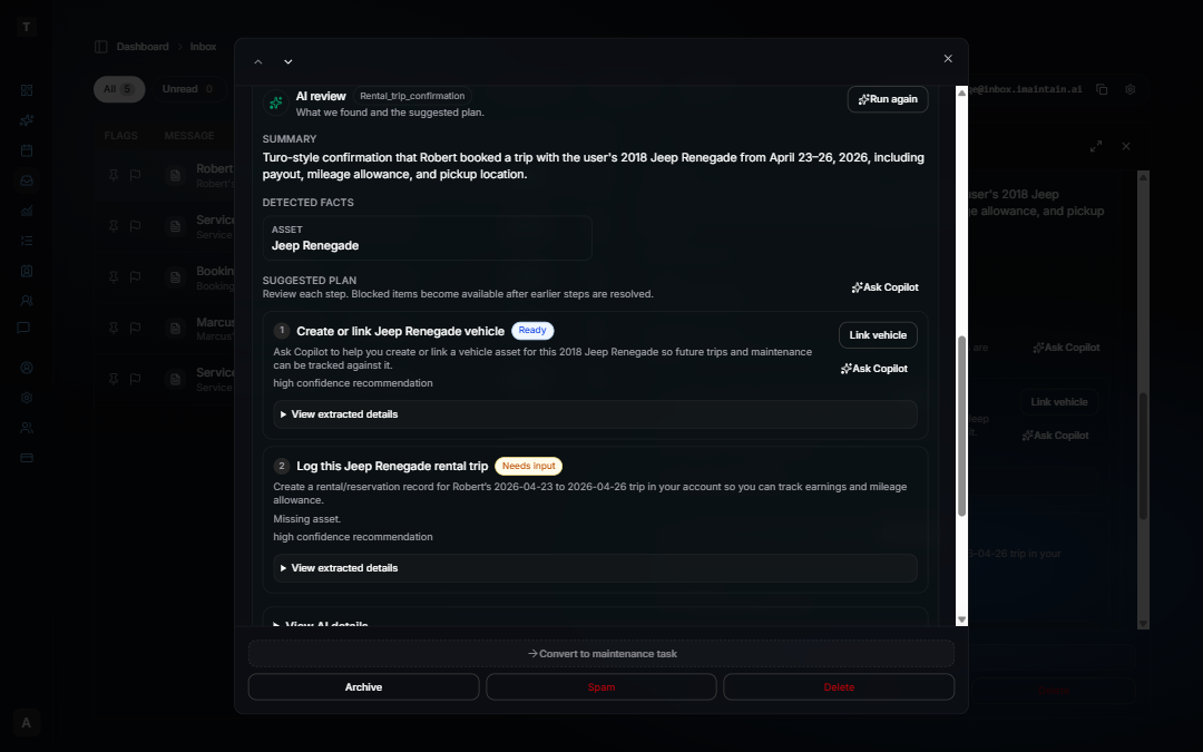 Inbox AI review for a Turo trip confirmation showing steps to link a vehicle and log the rental trip