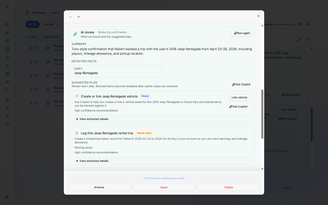 Inbox AI review for a Turo trip confirmation showing steps to link a vehicle and log the rental trip